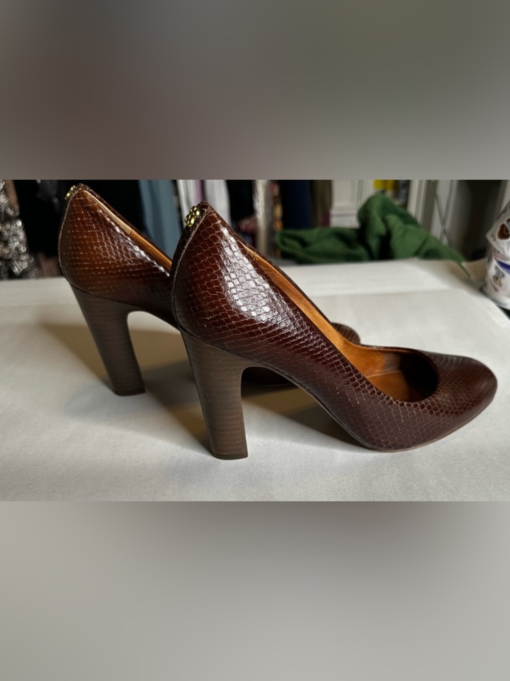 COACH Brown Textured Leather Pointed-Toe Pumps - Picture 4 of 7